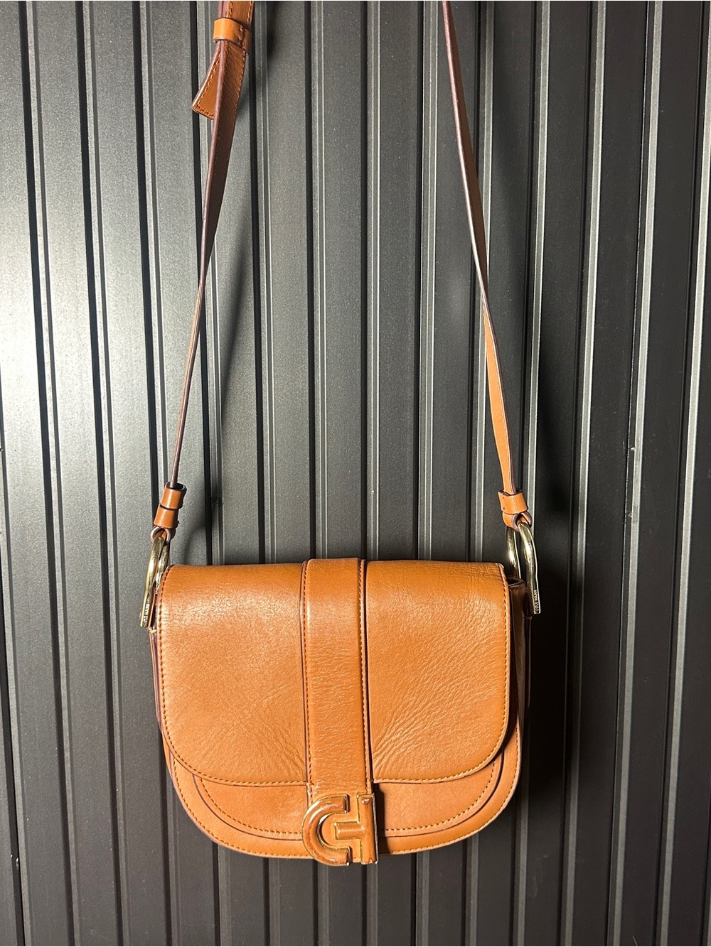 Cole Haan Saddle Satchel in Cognac Brown Crossbody Gold Hardware